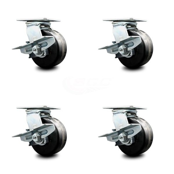 6 Inch Phenolic Wheel Heavy Duty Top Plate Swivel Caster with Brakes, 4PK